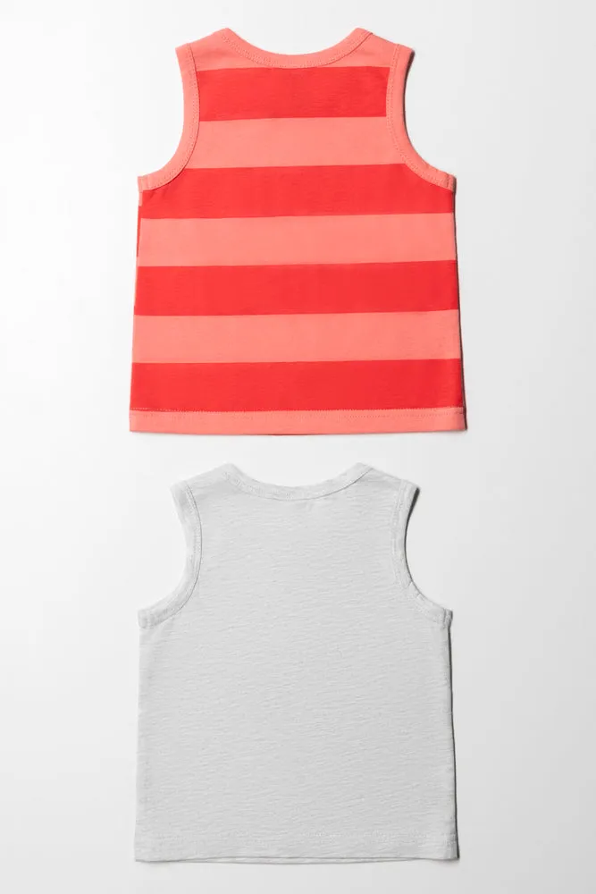 2 Pack Dino And Stripe Printed Vests Red & Grey