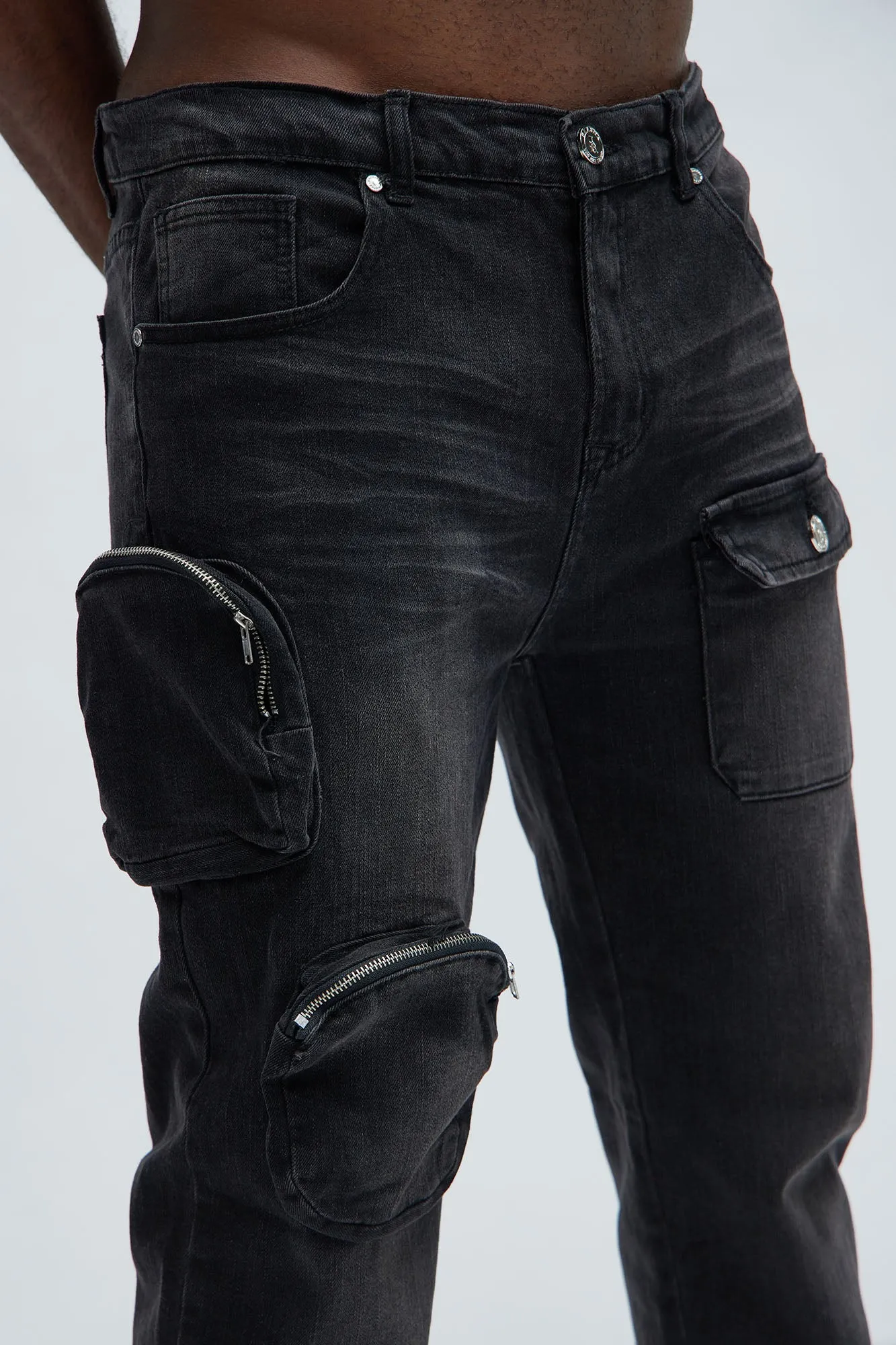 3D Pocket Slim Convertible Snap Flare Jeans - Black Wash