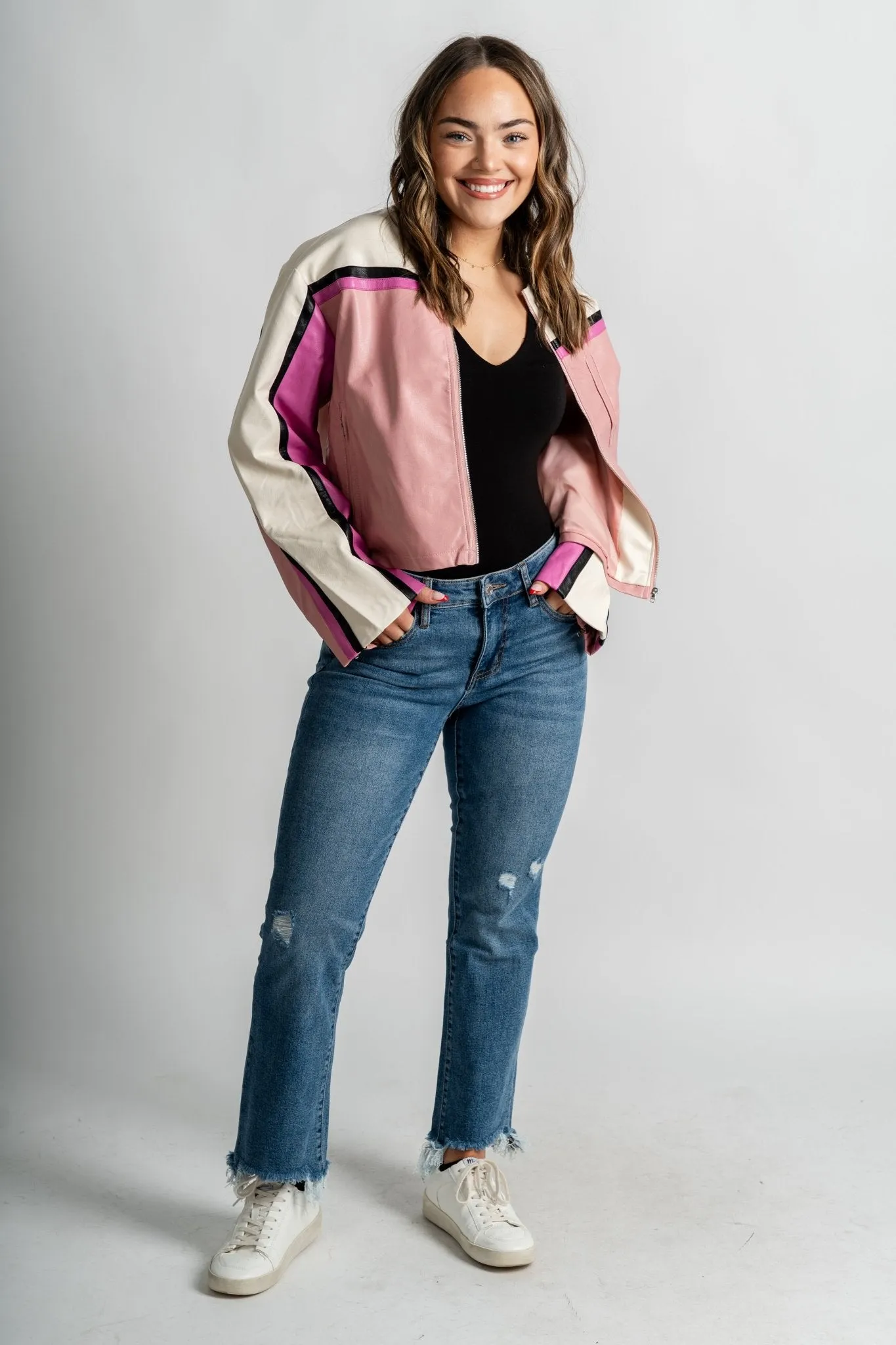 Barcelona faux leather moto jacket pink