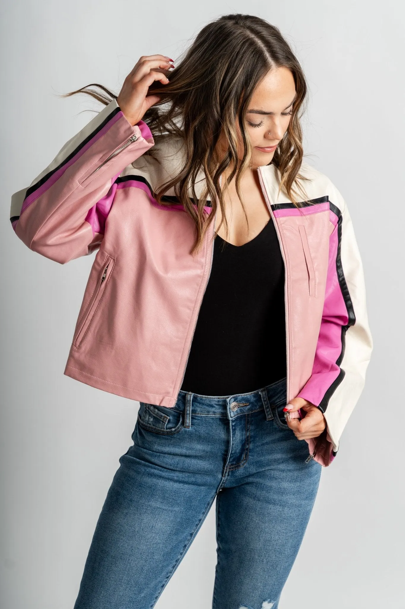 Barcelona faux leather moto jacket pink