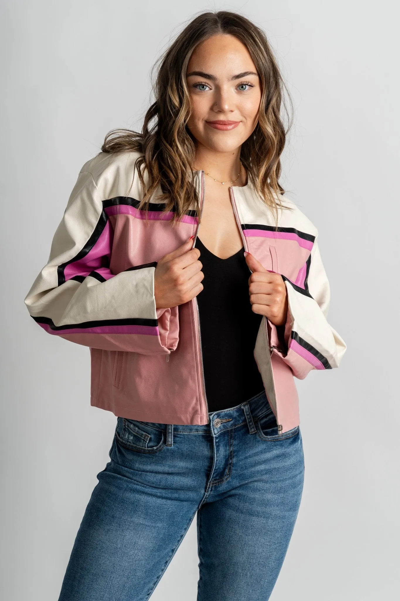 Barcelona faux leather moto jacket pink