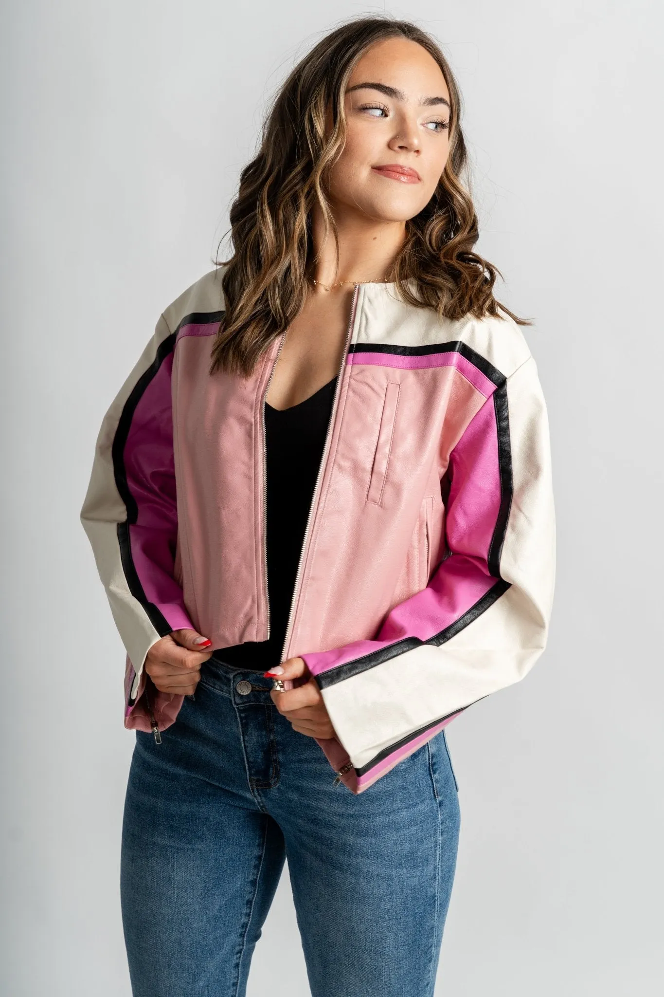 Barcelona faux leather moto jacket pink