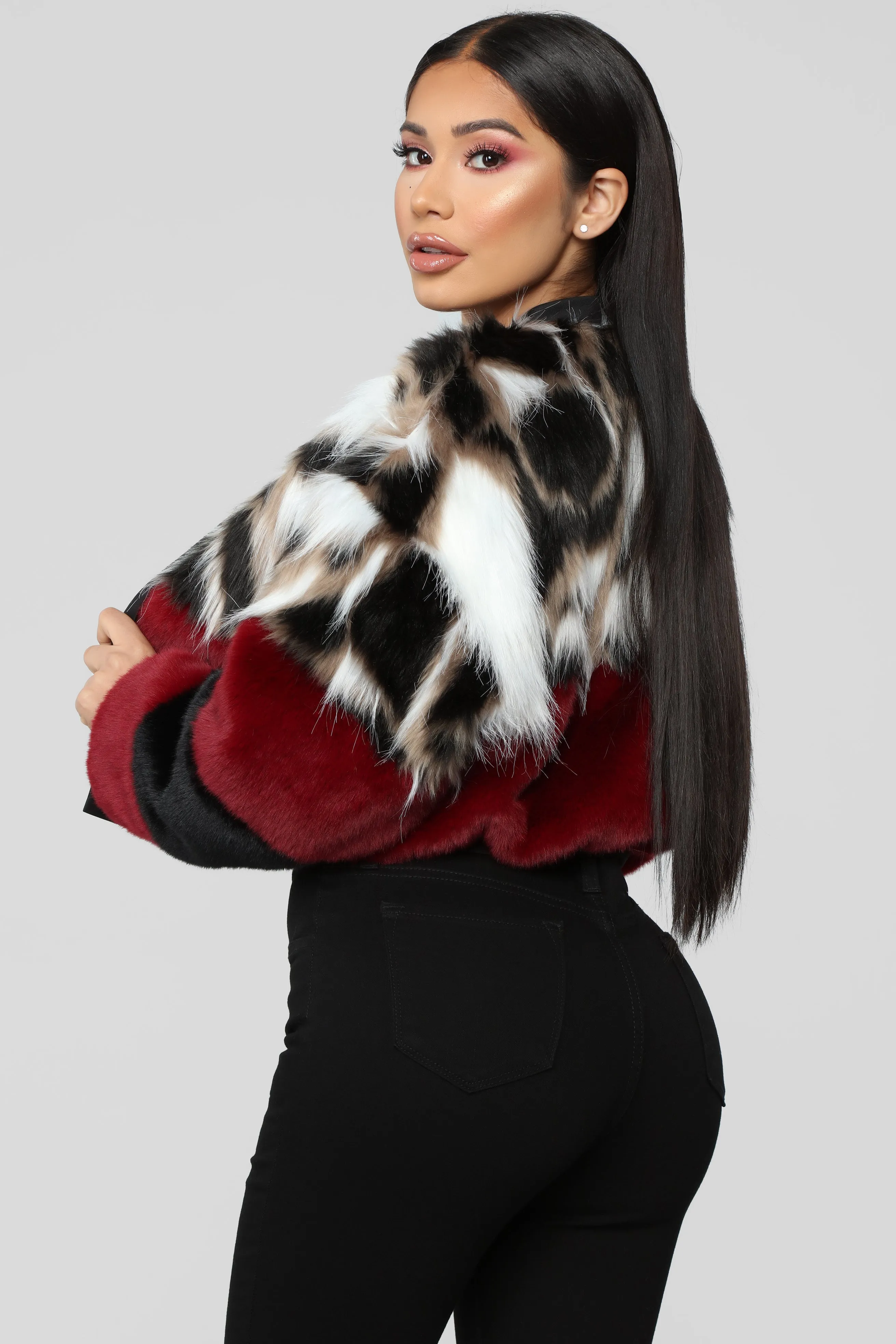 Be Fur Real Colorblock Jacket - Burgundy