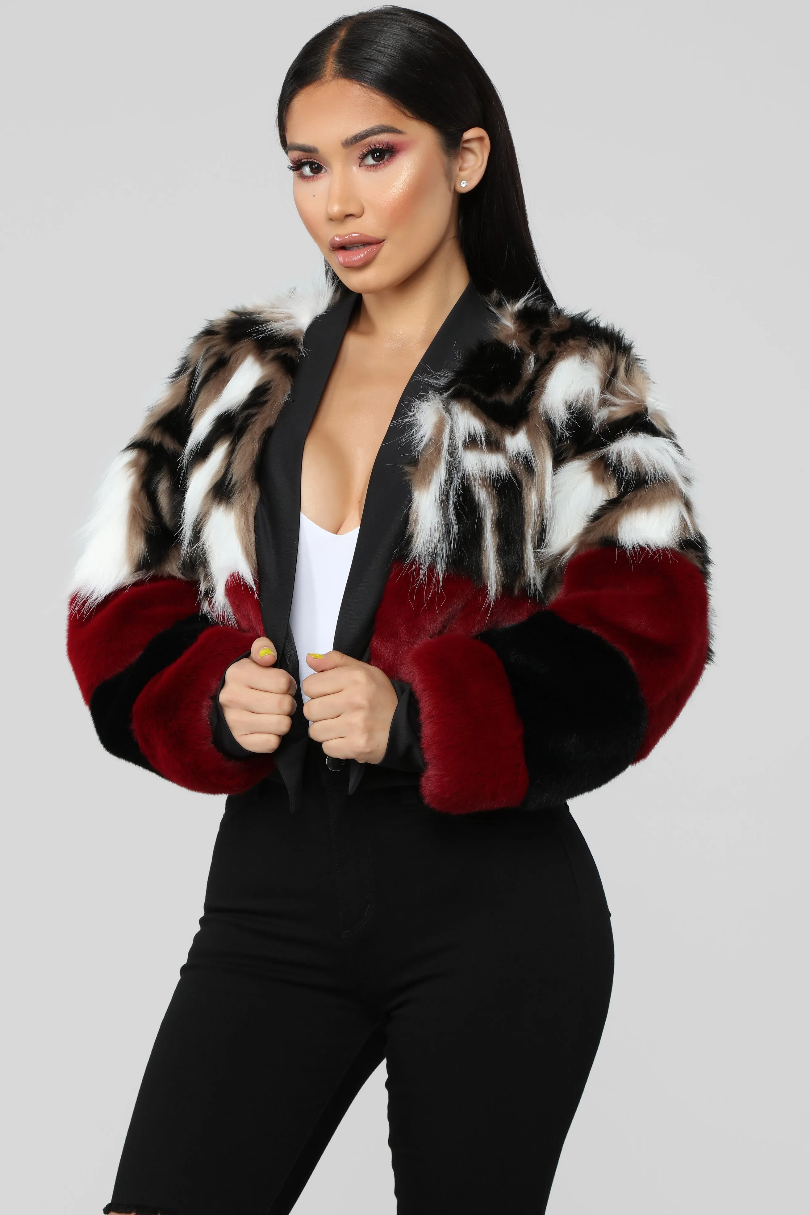 Be Fur Real Colorblock Jacket - Burgundy