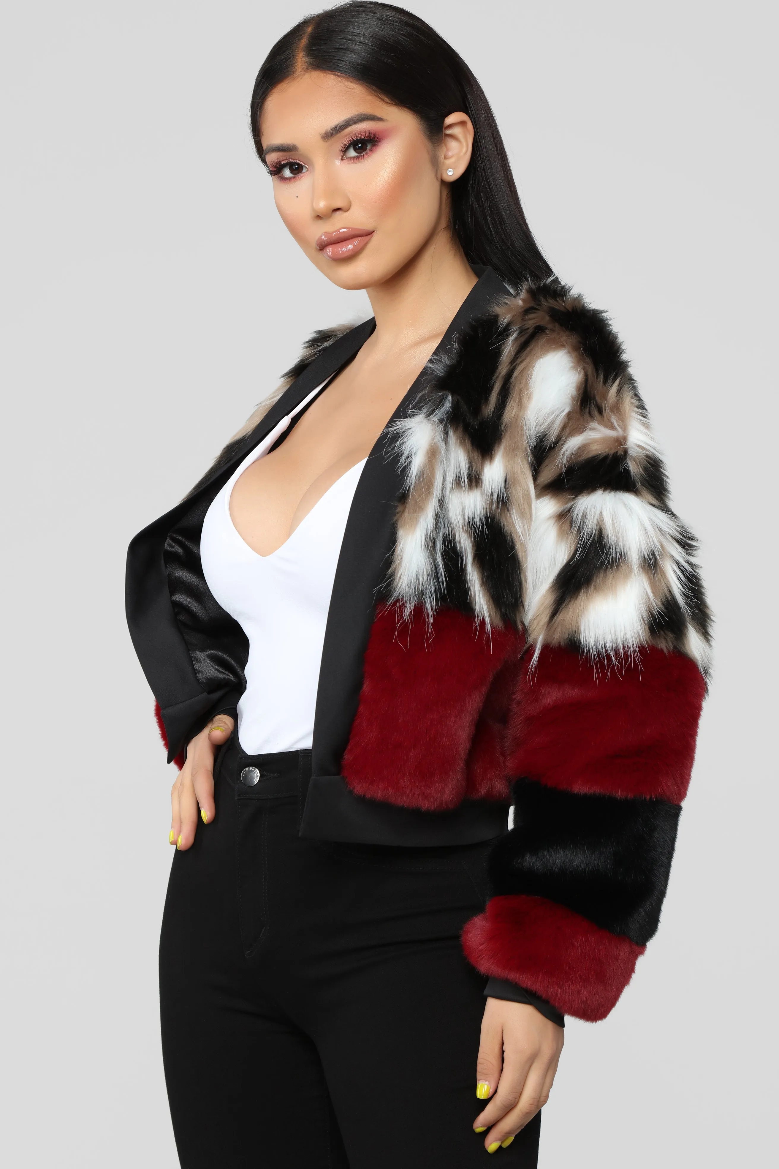 Be Fur Real Colorblock Jacket - Burgundy