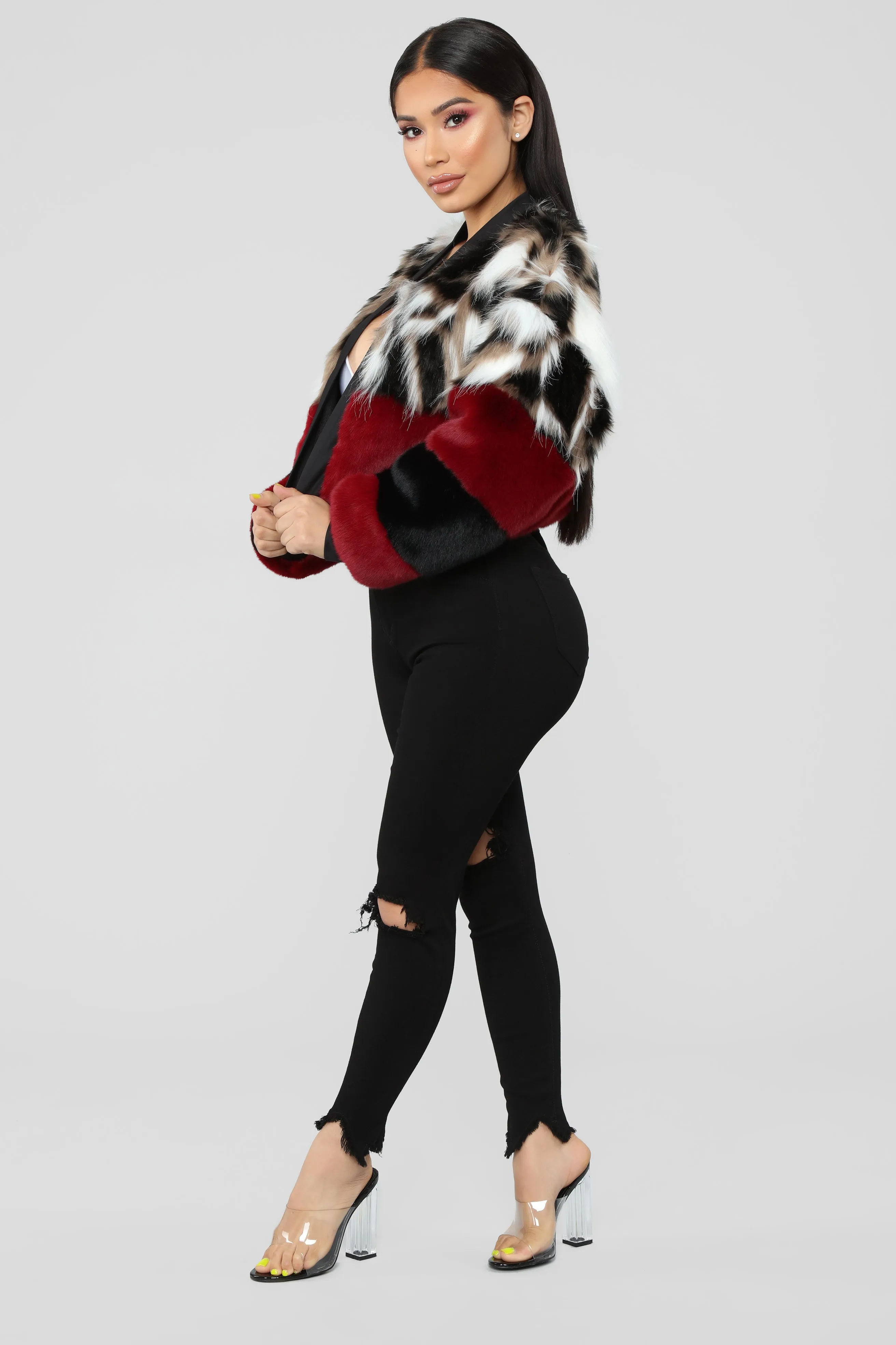 Be Fur Real Colorblock Jacket - Burgundy