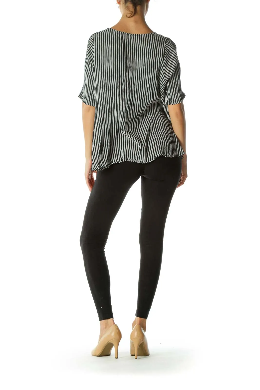 Black Gray Striped Short Blouse