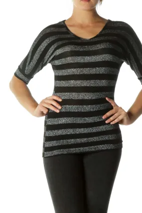 Black Silver V-Neck Striped Knit Back Bat Sleeves Top