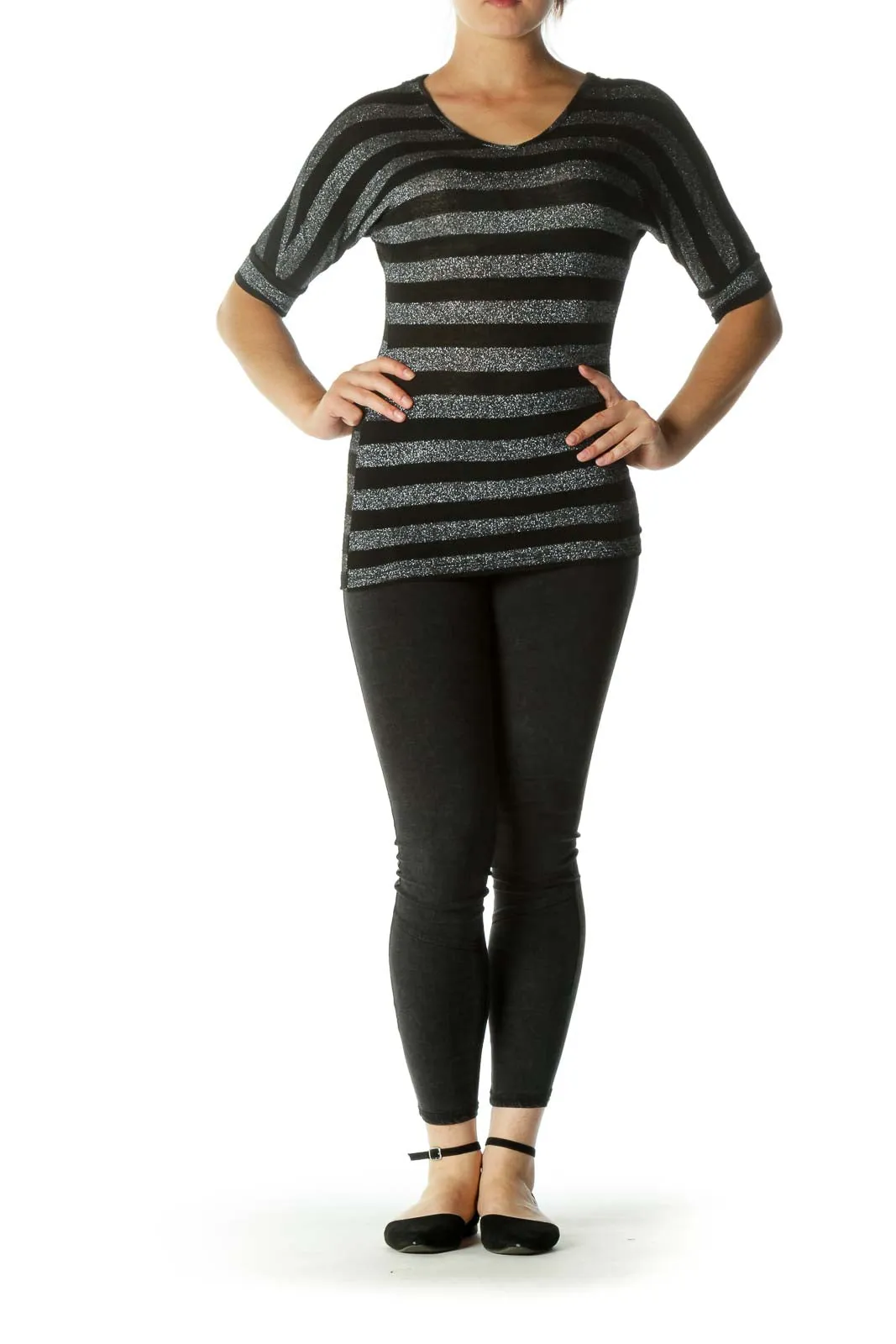 Black Silver V-Neck Striped Knit Back Bat Sleeves Top