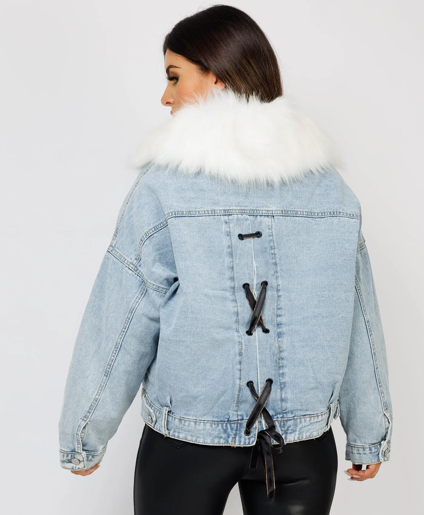 Blue Faux Fur Trim Cross Lace Back Denim Jackets