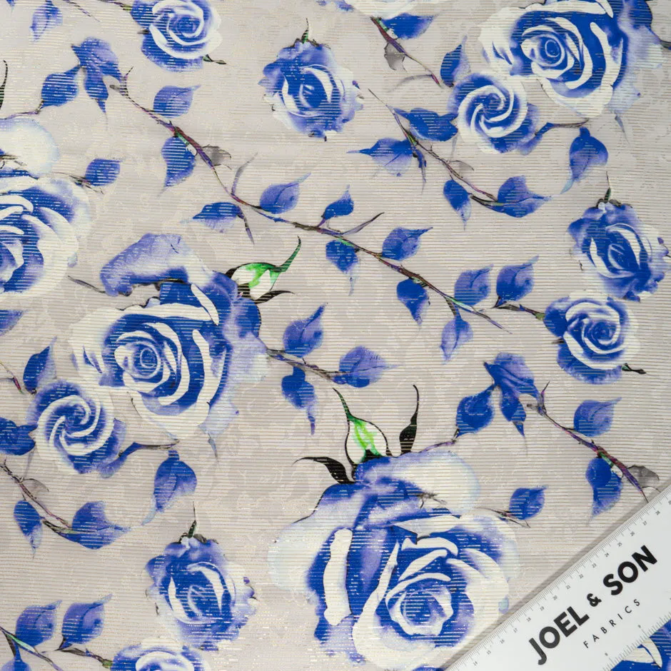 Blue Rose Printed Grey Silk Metallic Lamé