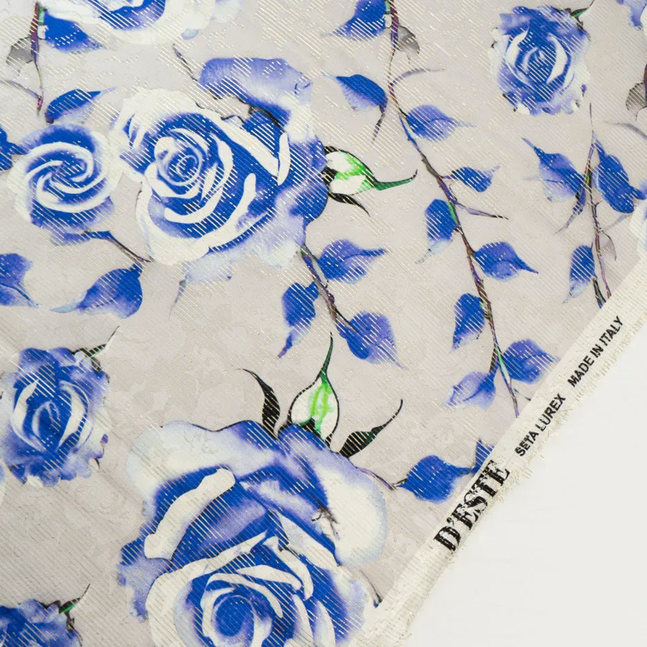 Blue Rose Printed Grey Silk Metallic Lamé