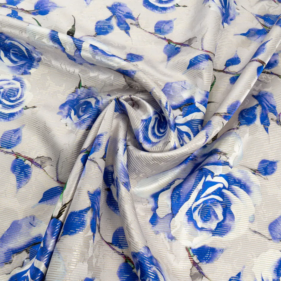 Blue Rose Printed Grey Silk Metallic Lamé