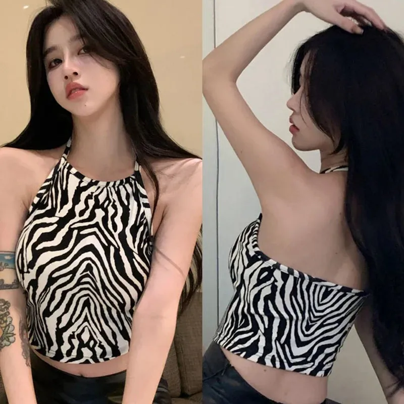 Bonnyshow Women's Crop Top Summer American Style Zebra Stripe Slim Sexy Short Top