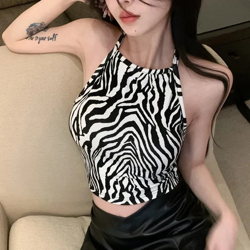 Bonnyshow Women's Crop Top Summer American Style Zebra Stripe Slim Sexy Short Top