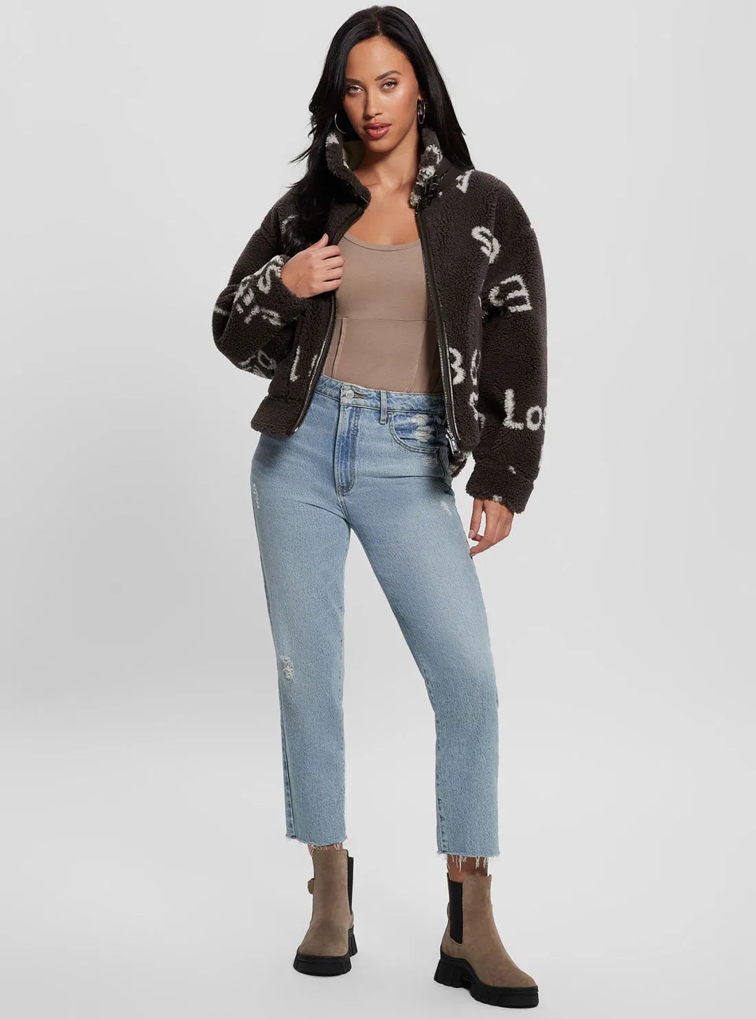 Brown Raquel Faux-Fur Reversible Logo Jacket