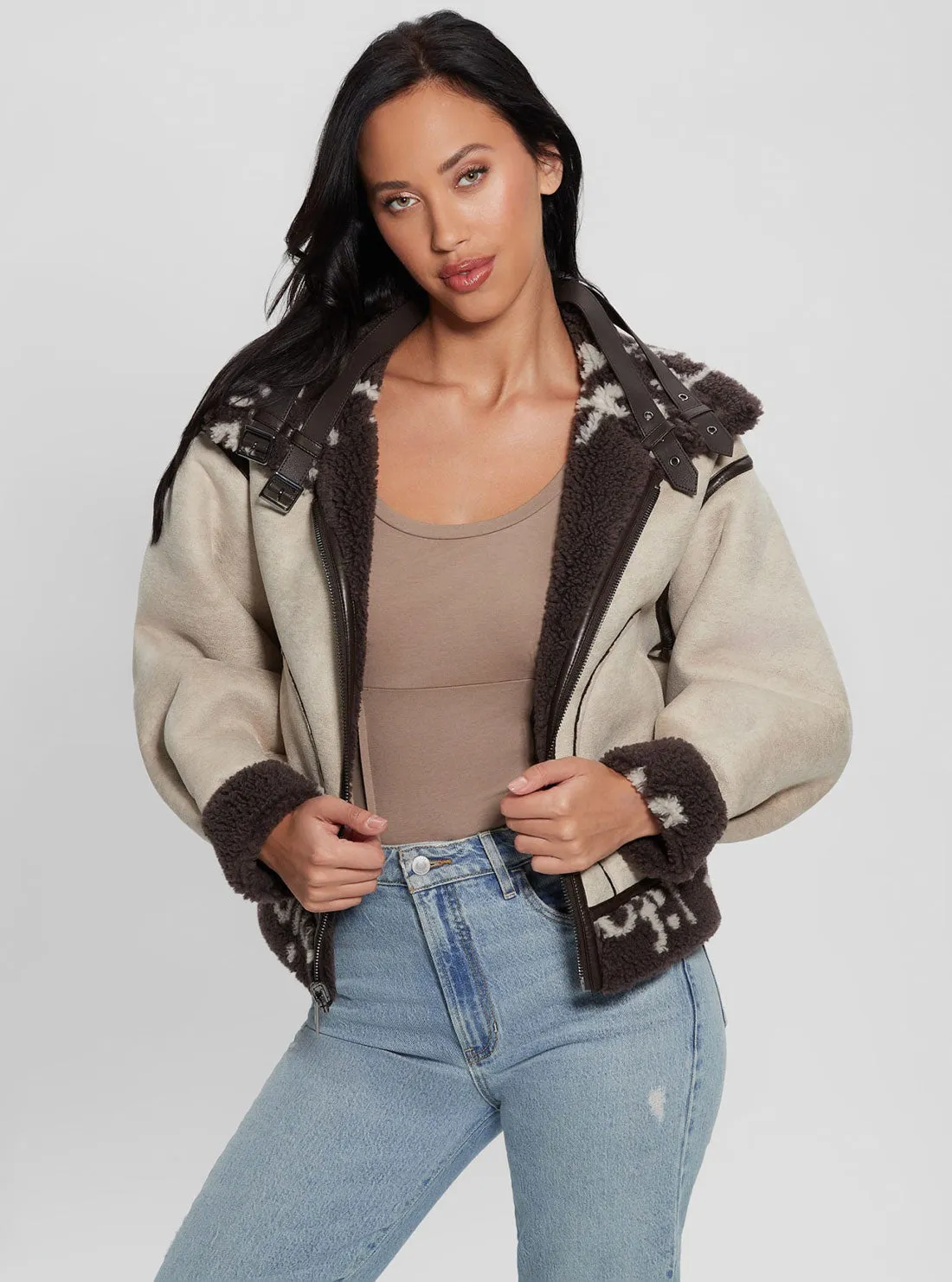 Brown Raquel Faux-Fur Reversible Logo Jacket