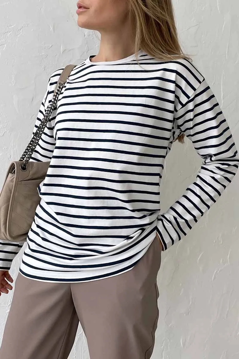 Casual Striped Patchwork O Neck Tops