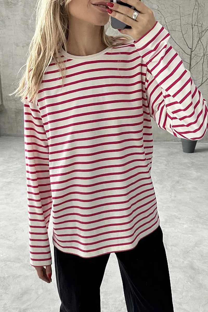 Casual Striped Patchwork O Neck Tops