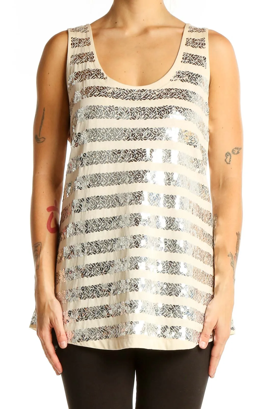 Cream Sequined Striped Tank Top