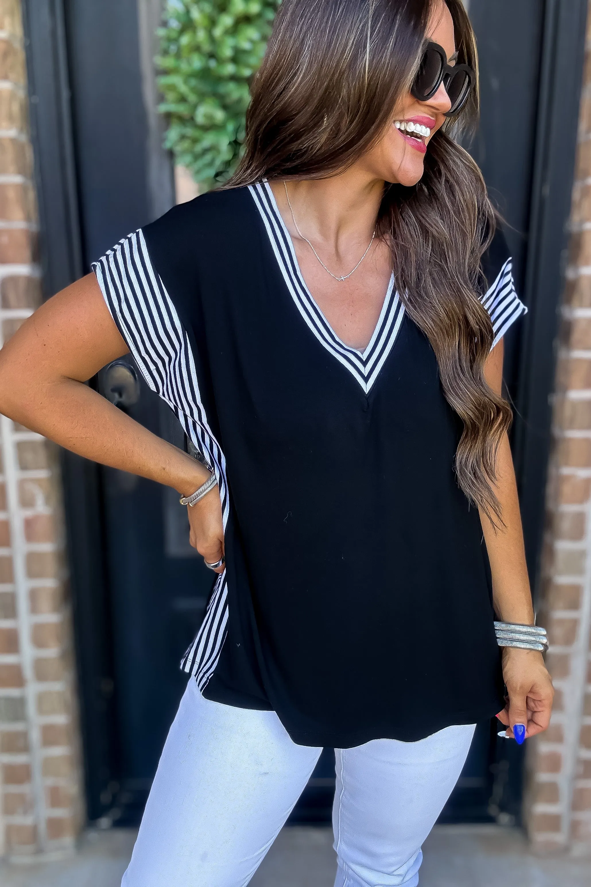 Daring Diva Black Stripe  Knit Top