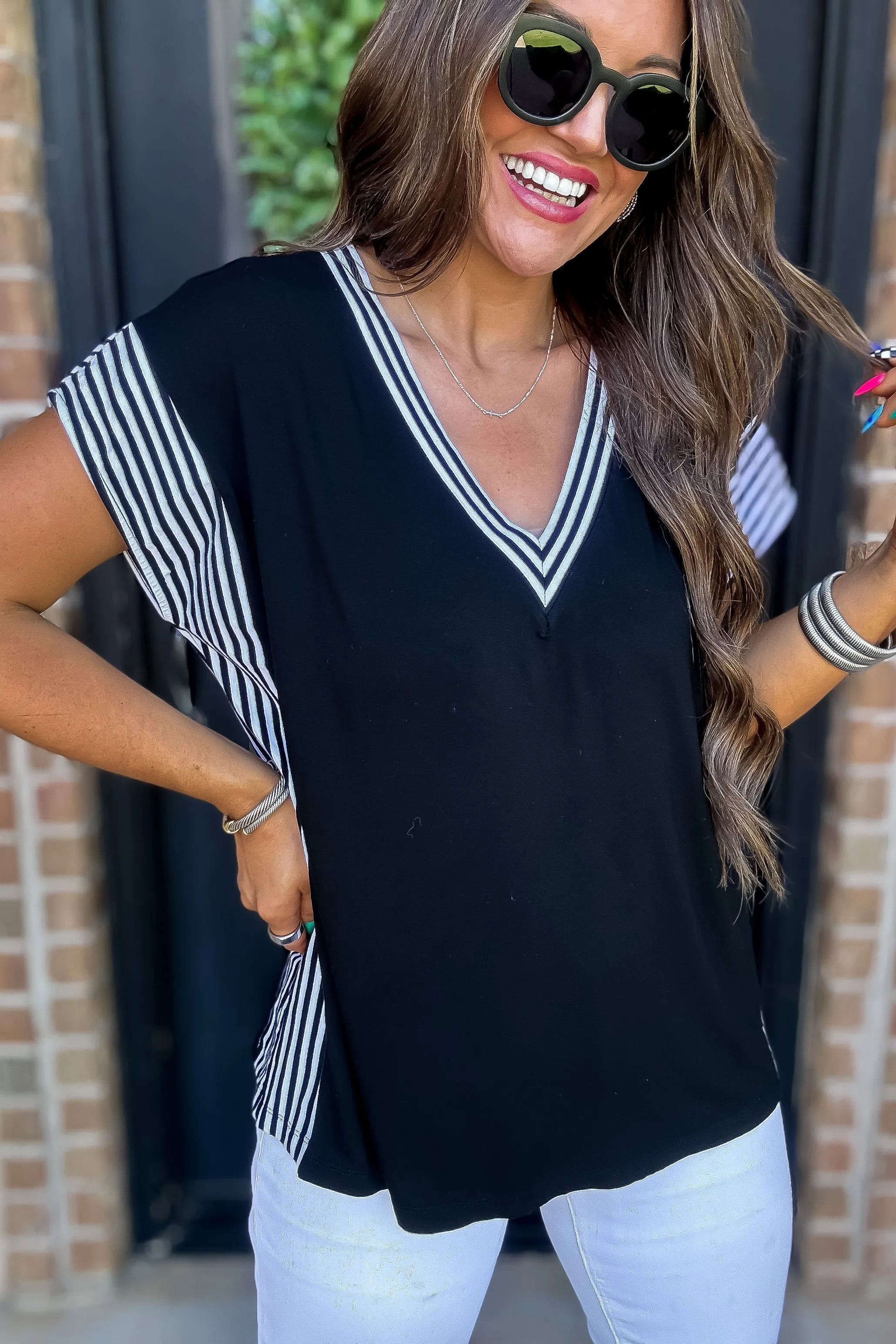 Daring Diva Black Stripe  Knit Top