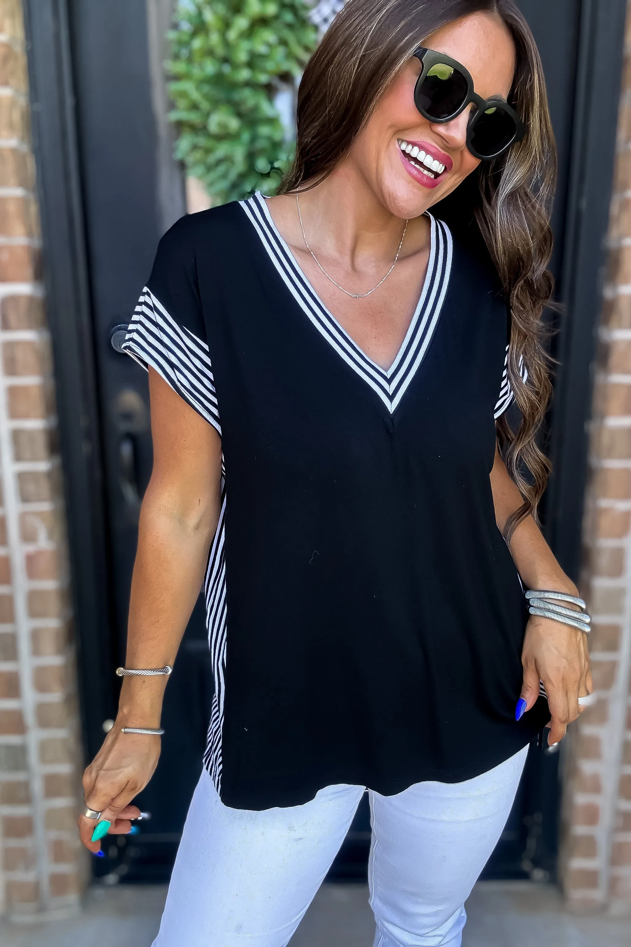 Daring Diva Black Stripe  Knit Top