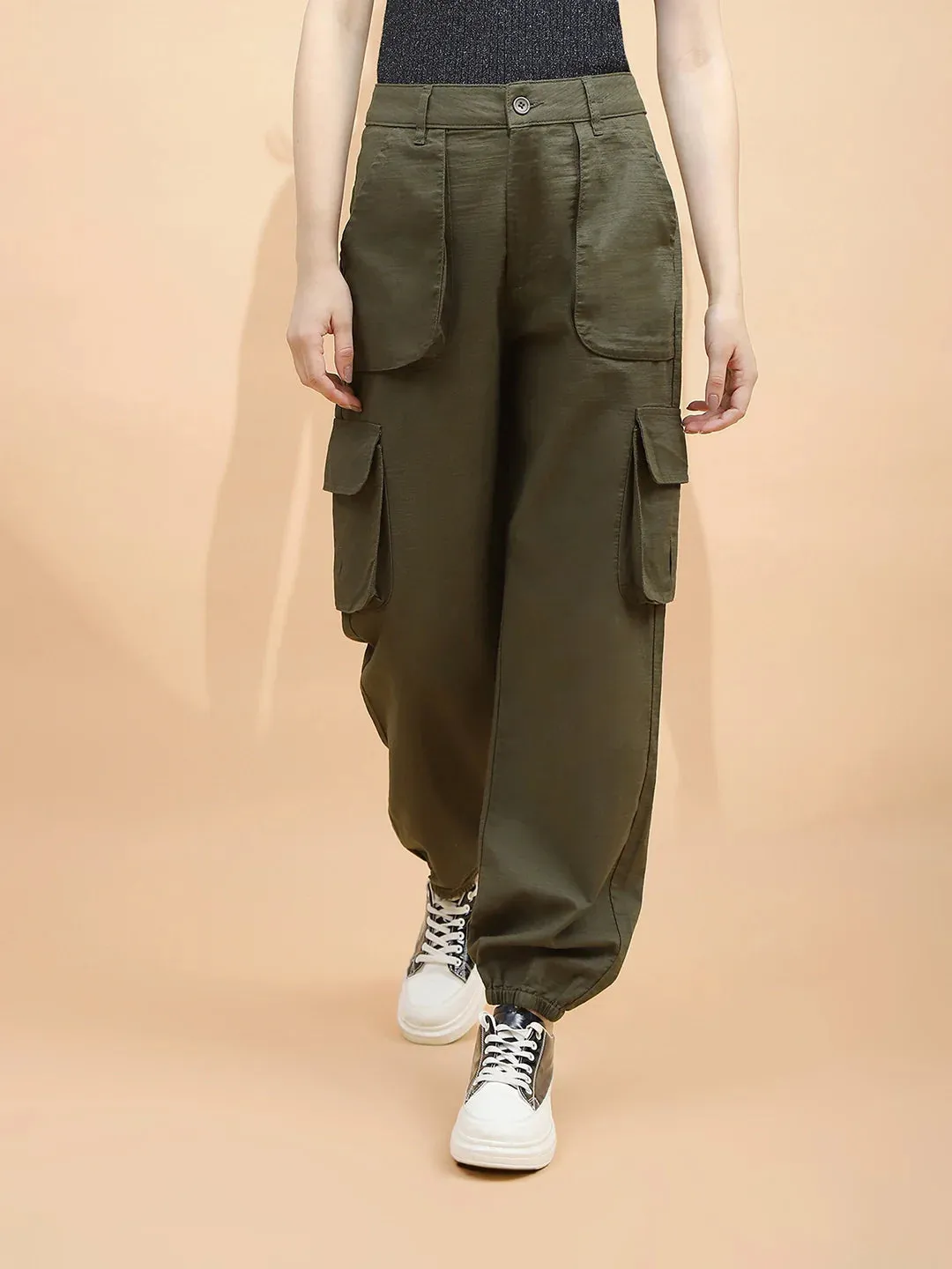 Dark Olive Cotton Straight Relaxed Fit Jogger For Women