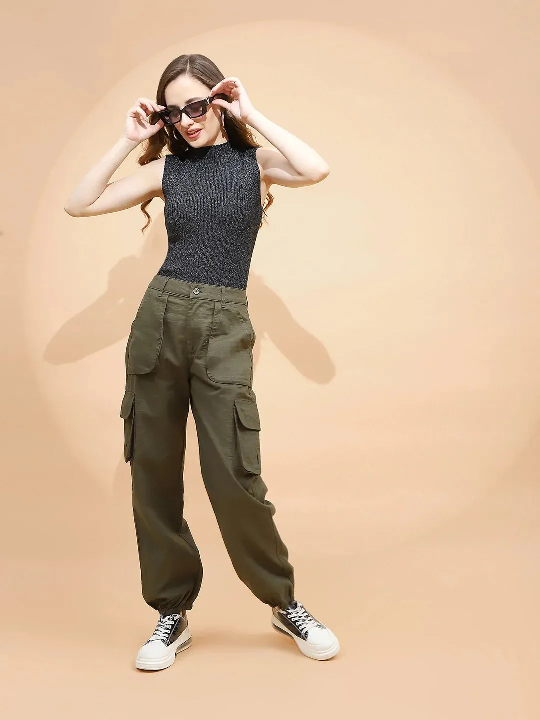 Dark Olive Cotton Straight Relaxed Fit Jogger For Women