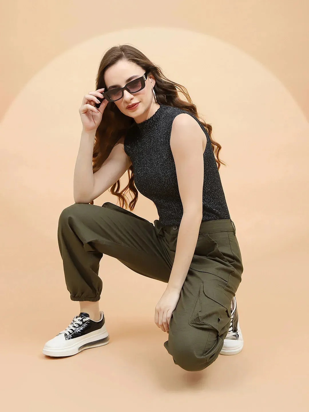 Dark Olive Cotton Straight Relaxed Fit Jogger For Women