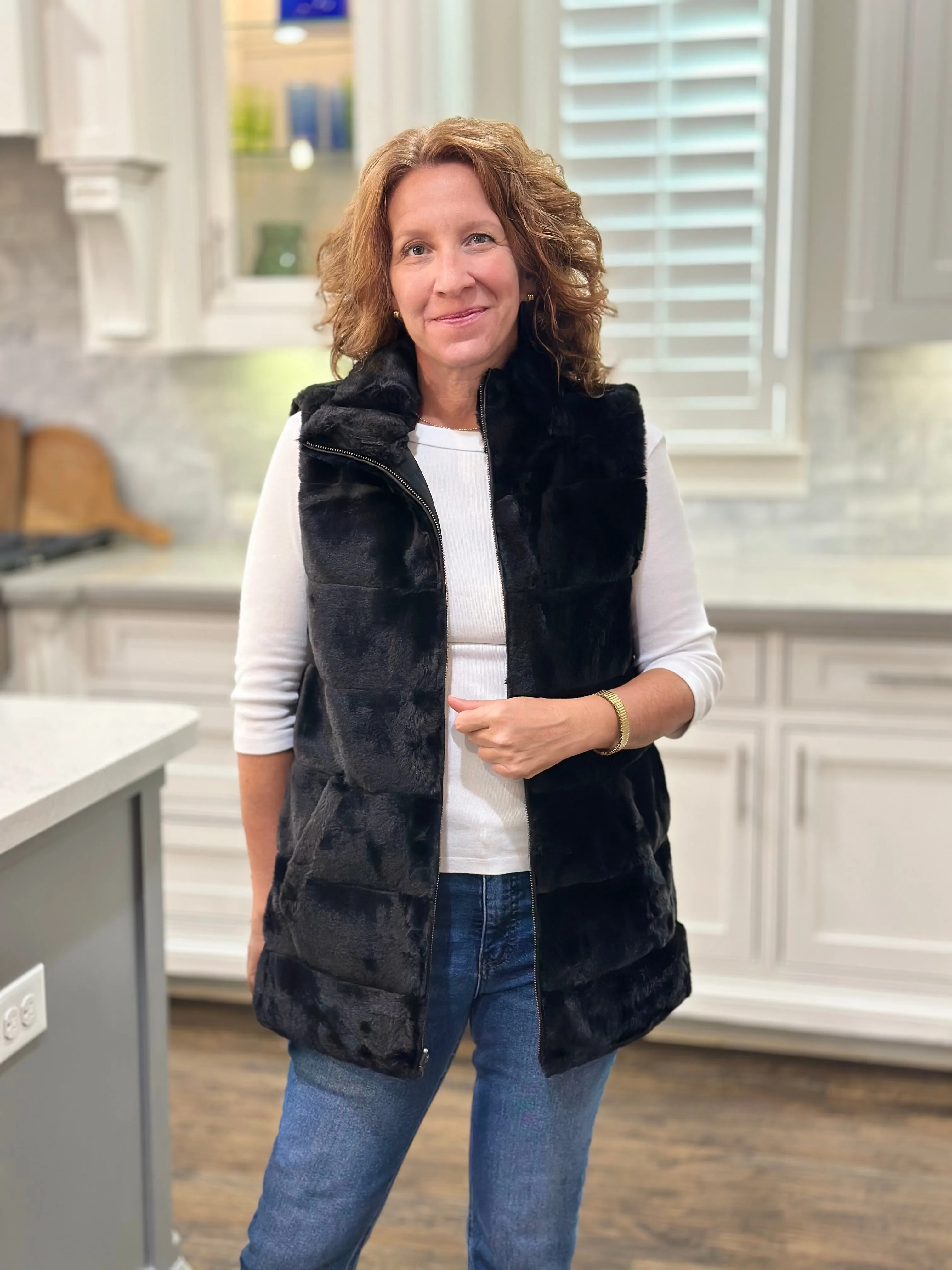 Dylan Classic Fur Long Vest in Black (Reversible)