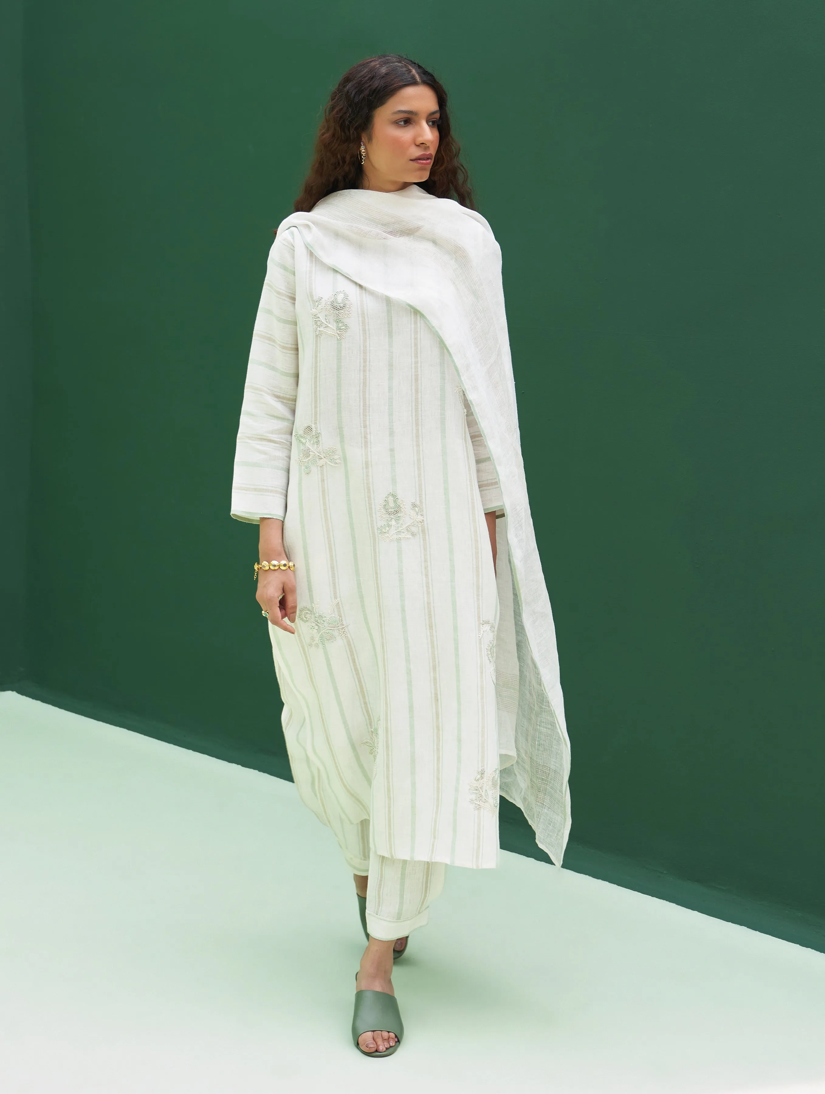 Eiko Striped Linen Kurta Set - Mint