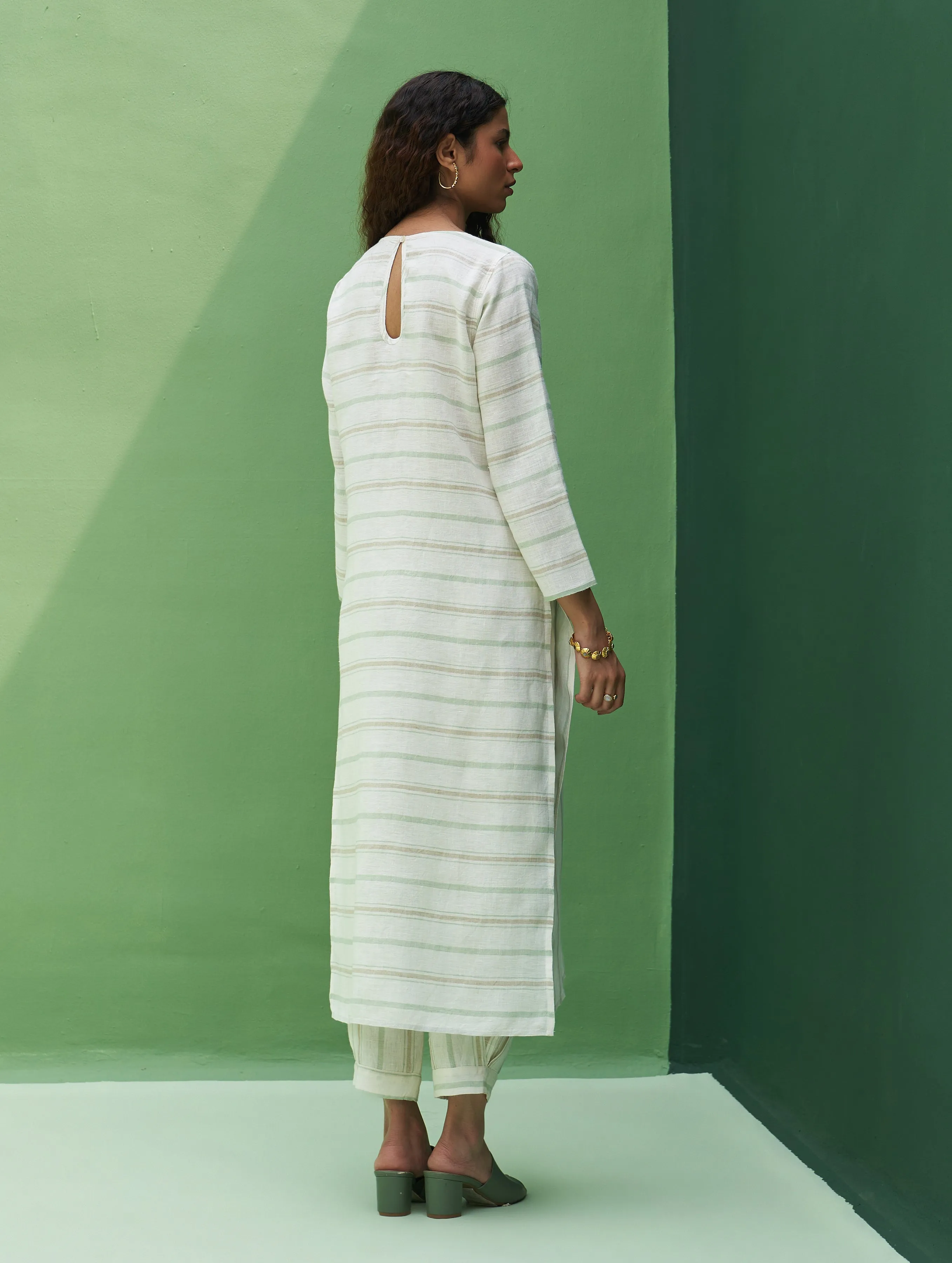 Eiko Striped Linen Kurta Set - Mint