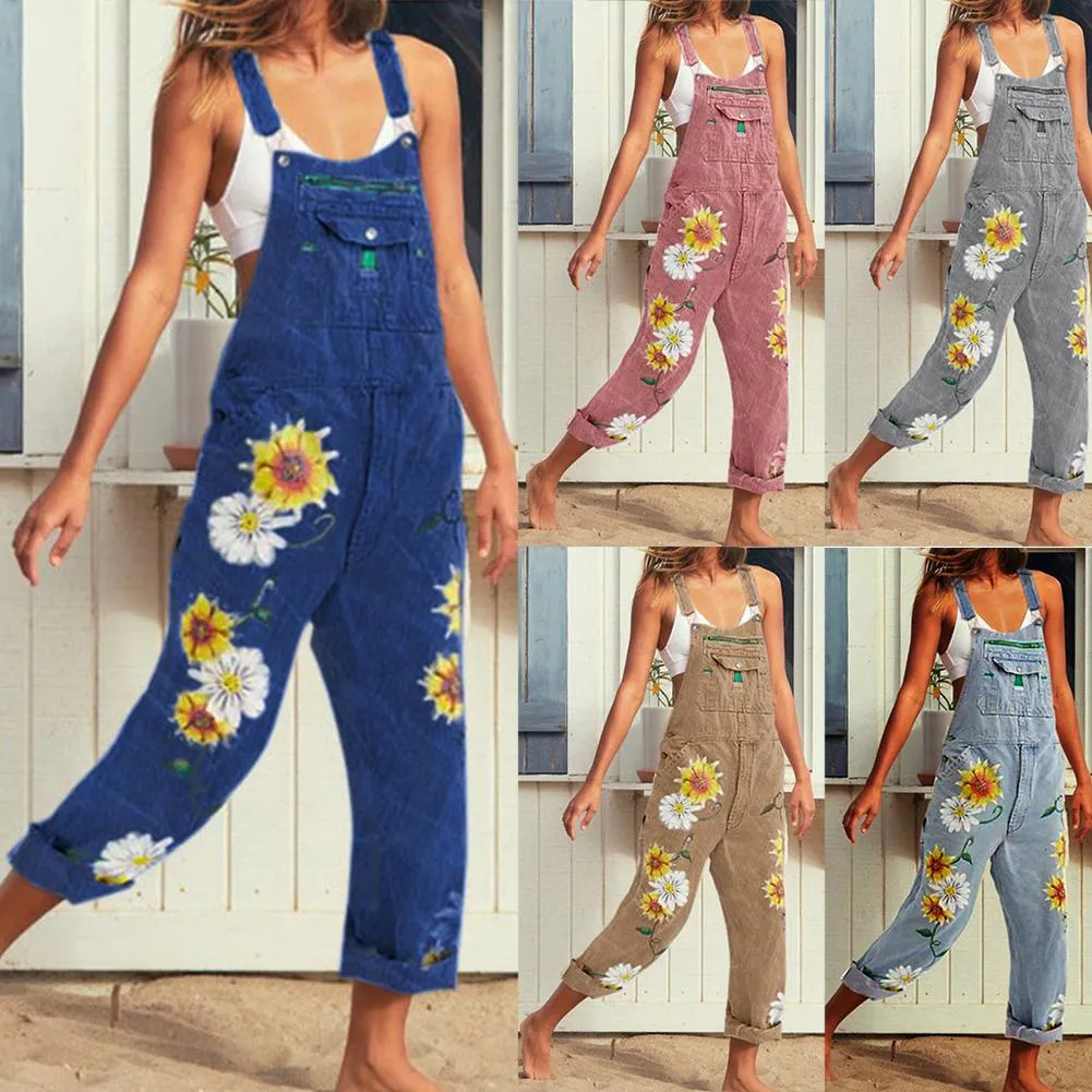 Funki Buys | Pants | Women's Sunflower Denim Bib Overalls