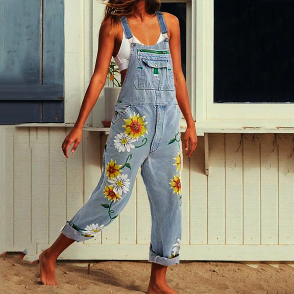 Funki Buys | Pants | Women's Sunflower Denim Bib Overalls