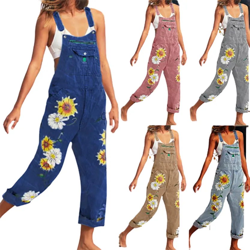 Funki Buys | Pants | Women's Sunflower Denim Bib Overalls