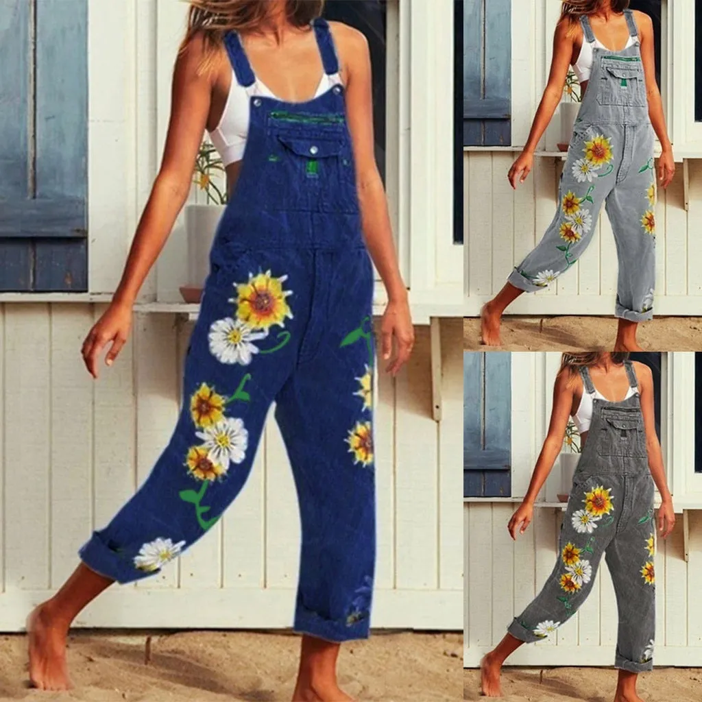 Funki Buys | Pants | Women's Sunflower Denim Bib Overalls