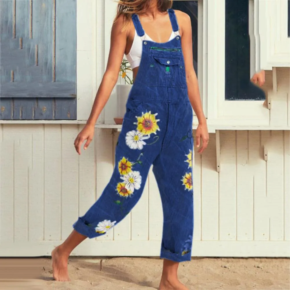 Funki Buys | Pants | Women's Sunflower Denim Bib Overalls