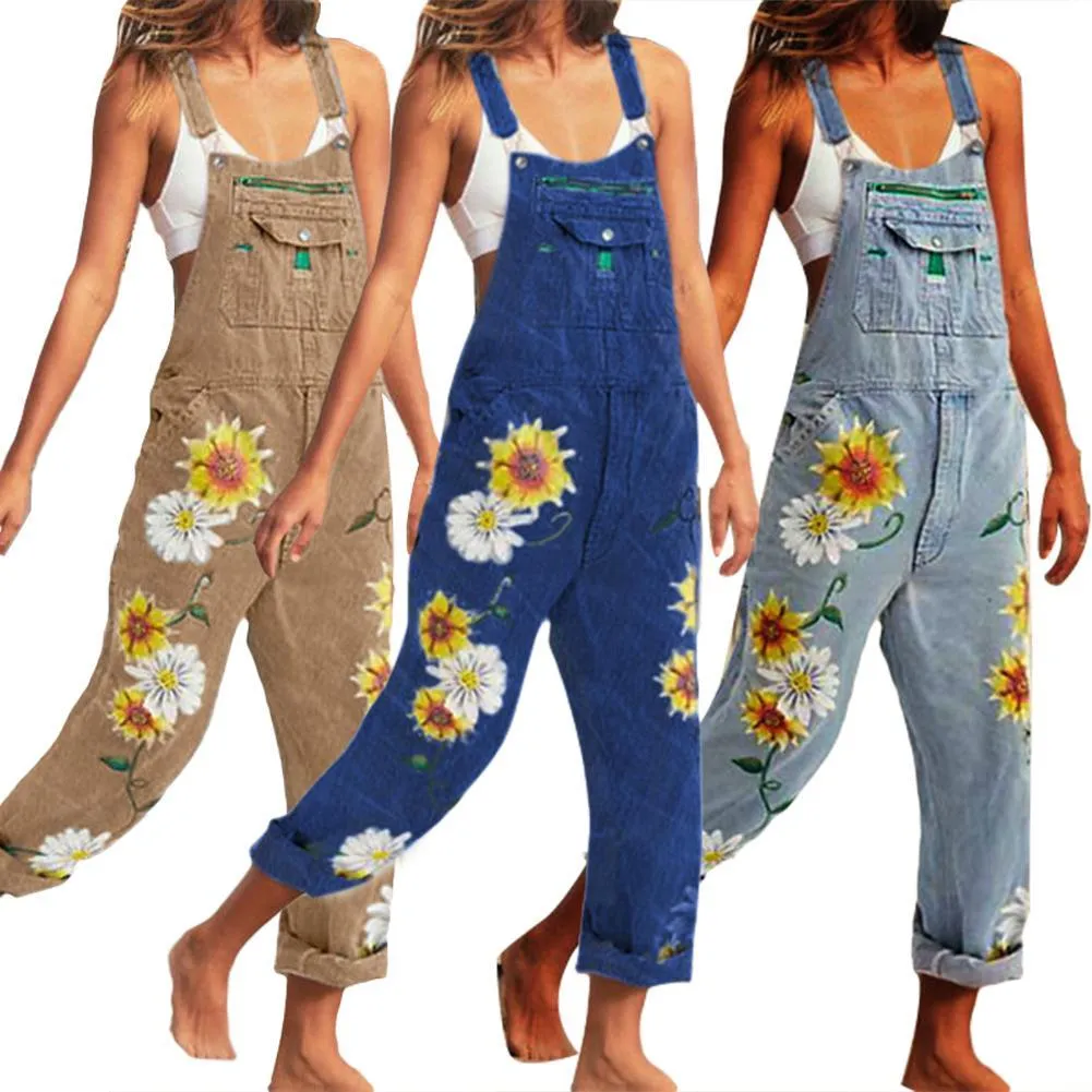 Funki Buys | Pants | Women's Sunflower Denim Bib Overalls