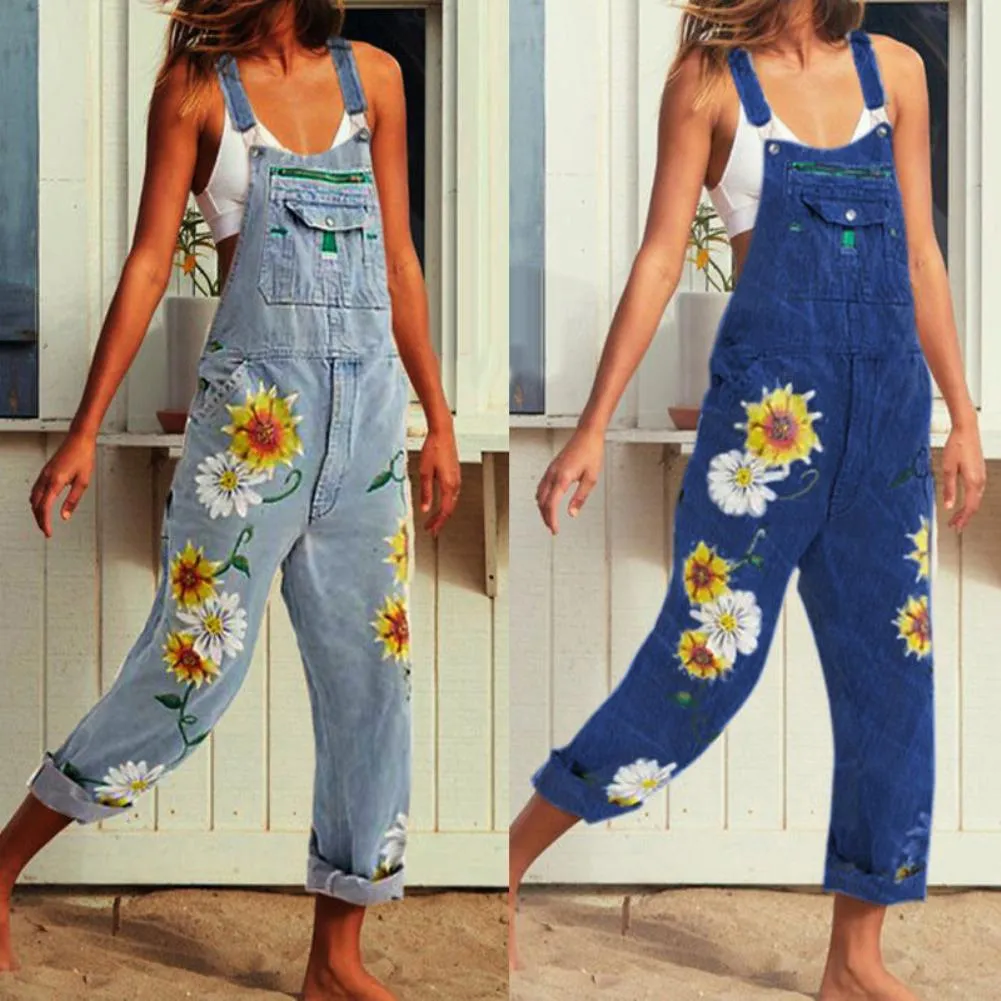 Funki Buys | Pants | Women's Sunflower Denim Bib Overalls