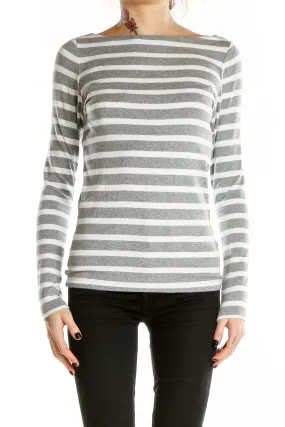 Gray and White Striped Long Sleeve Top