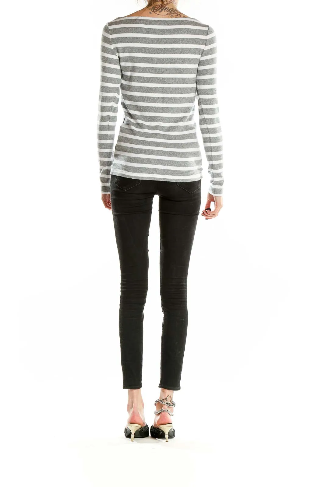 Gray and White Striped Long Sleeve Top