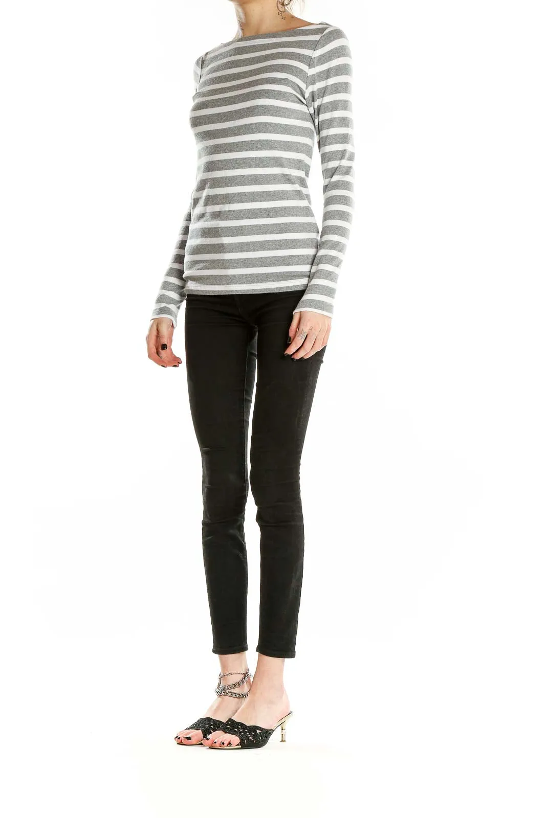 Gray and White Striped Long Sleeve Top