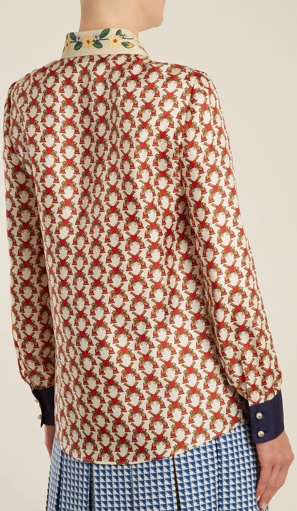 Guns-Print Bow-Embellished Silk-Twill Blouse