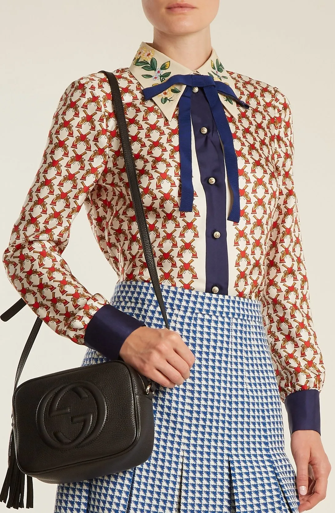 Guns-Print Bow-Embellished Silk-Twill Blouse