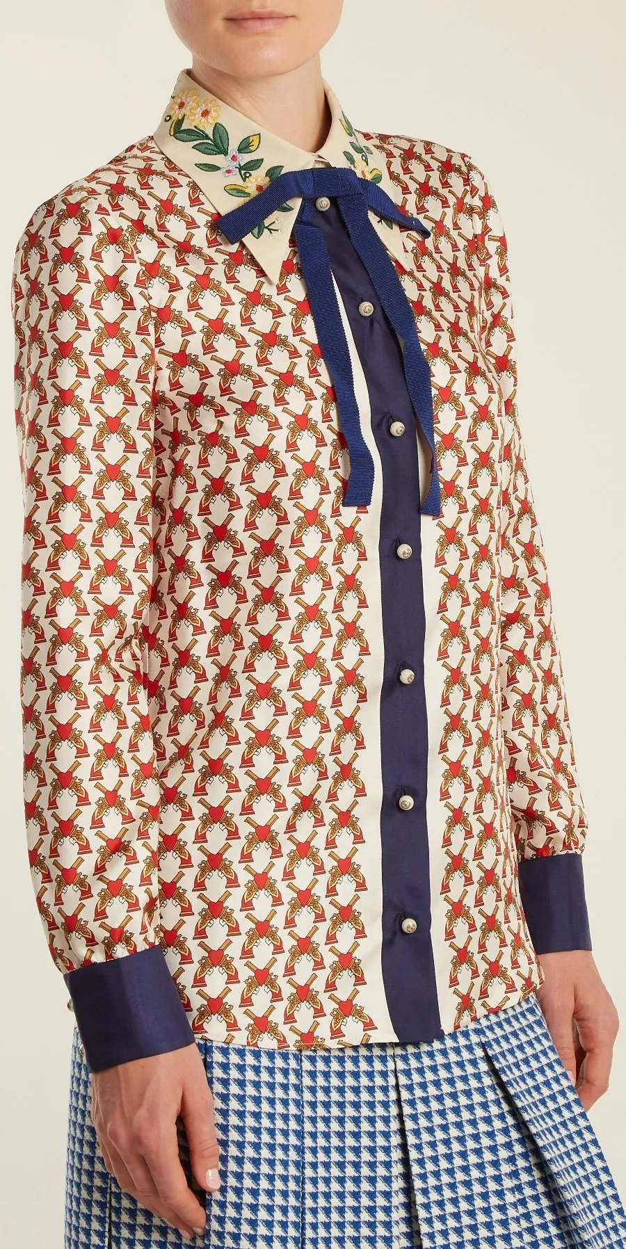 Guns-Print Bow-Embellished Silk-Twill Blouse