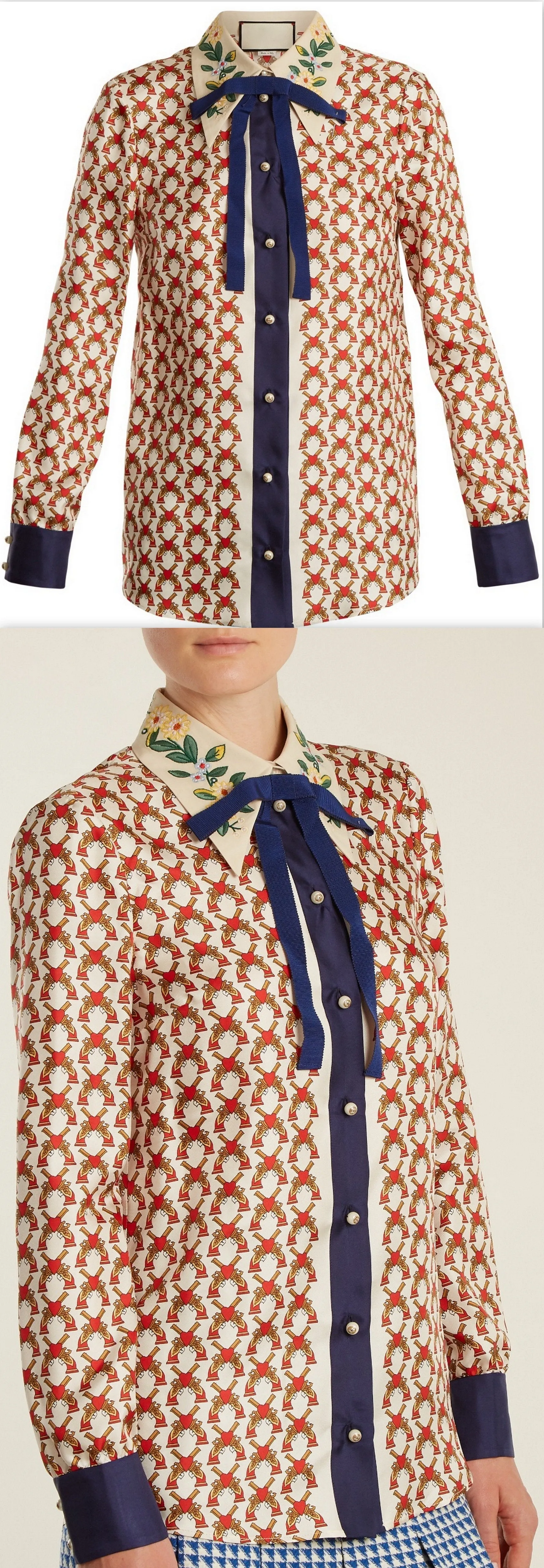 Guns-Print Bow-Embellished Silk-Twill Blouse