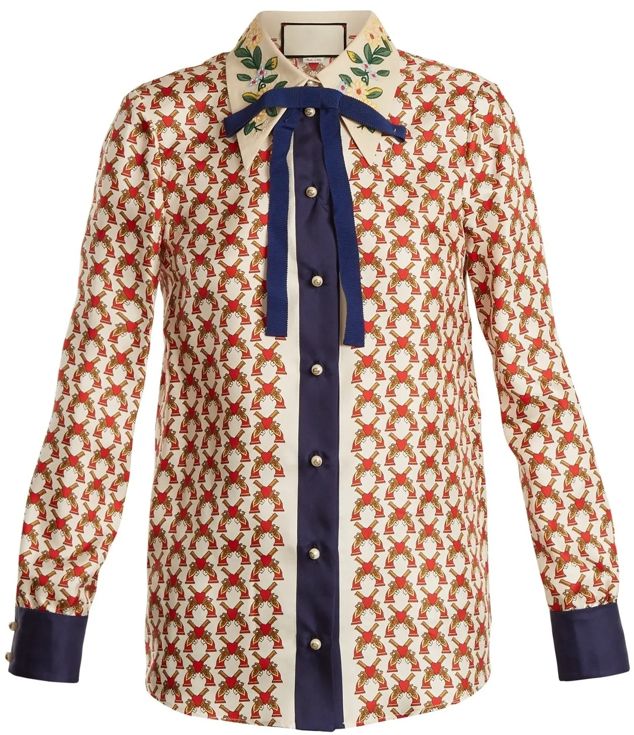 Guns-Print Bow-Embellished Silk-Twill Blouse