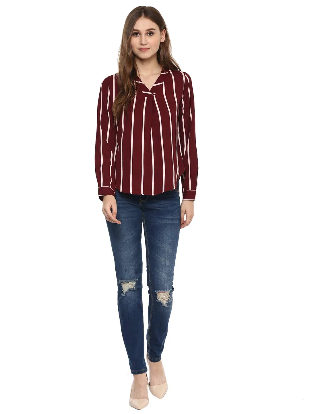 Harpa Women Striped Top (GR5317- Maroon X-Large