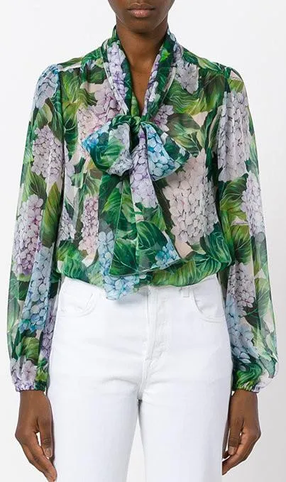 Hydrangea Print Pussy-Bow Silk Blouse